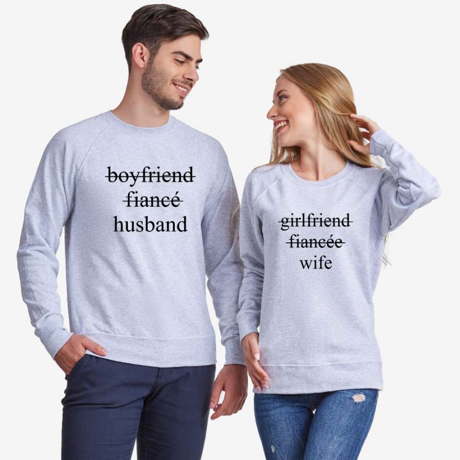Σετ μπλούζες για ζευγάρια γκρι Boyfriend/Fiancé/Husband and Girlfriend/Fiancée/Wife