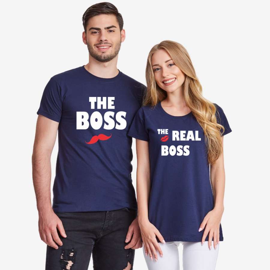 Σκούρο μπλε μπλουζάκια για ζευγάρια The Real Boss Kiss