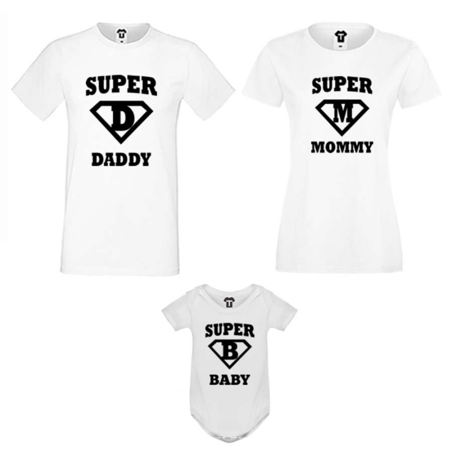 Οικογενειακό σετ σε μαύρο ή άσπρο χρώμα Super Daddy, Mommy and Baby