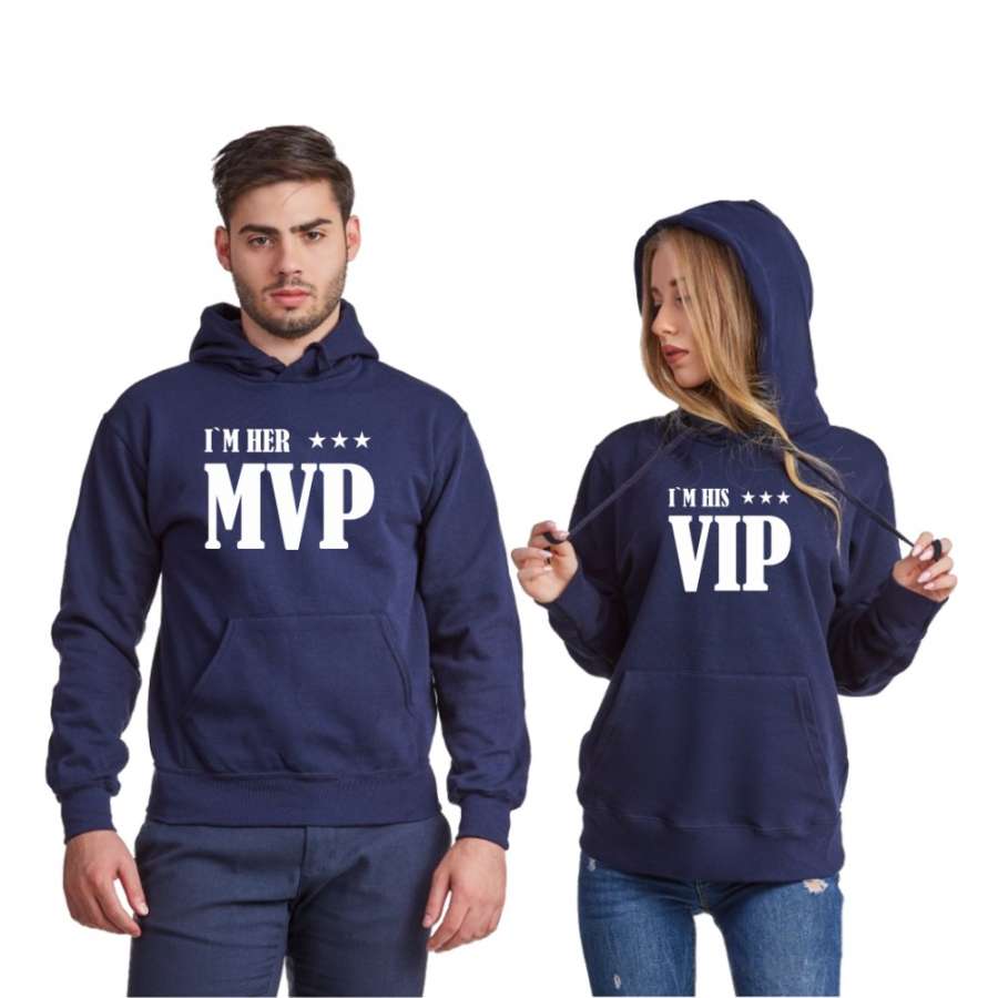 Σκούρο μπλε φούτερ για ζευγάρια Her MVP and His VIP