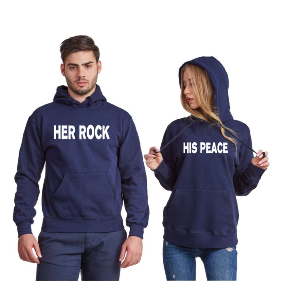 Σκούρο μπλε φούτερ για ζευγάρια Her Rock and His Peace