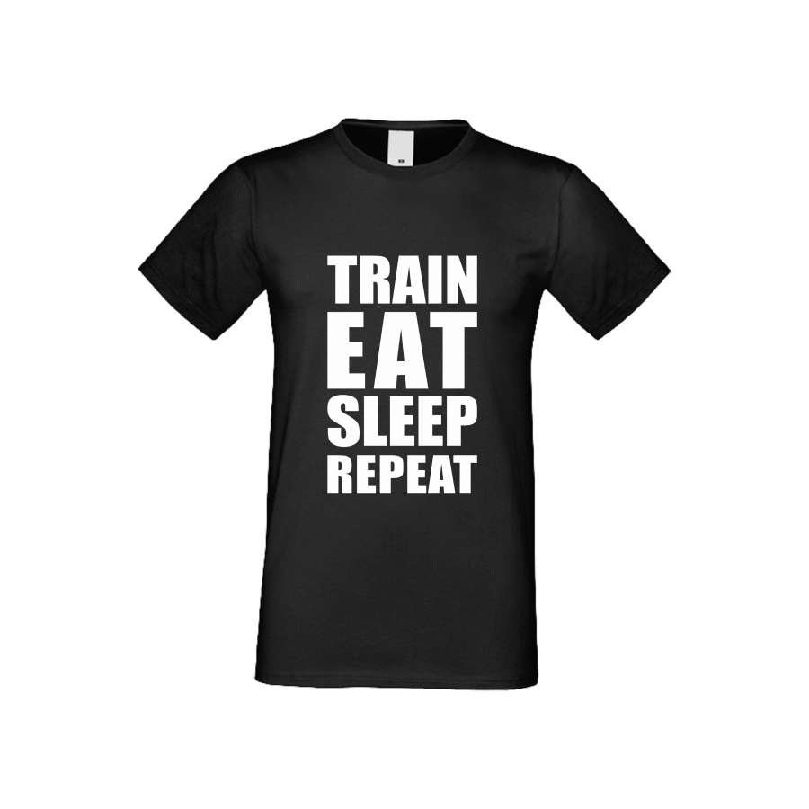 Ανδρικό μαύρο μπλουζάκι Train, Eat, Sleep, Repeat μαύρη